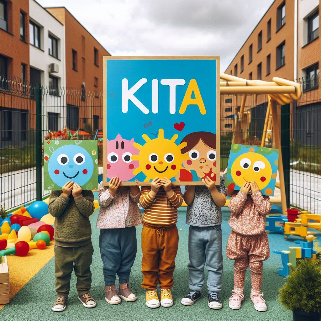 Kinder halten ein Schild mit der Aufschrift "KITA" in die Höhe