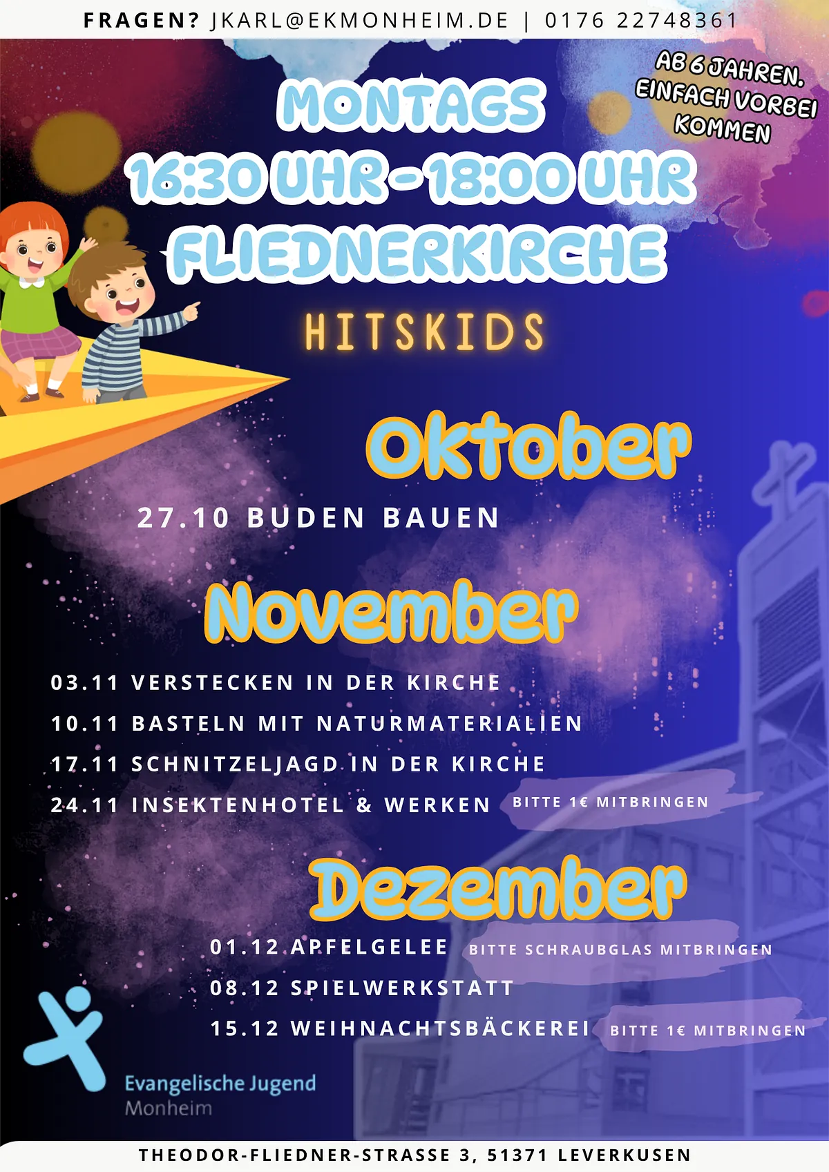 Programmflyer der Hit-Kids, weitere Informationen unter jkarl@ekmonheim.de