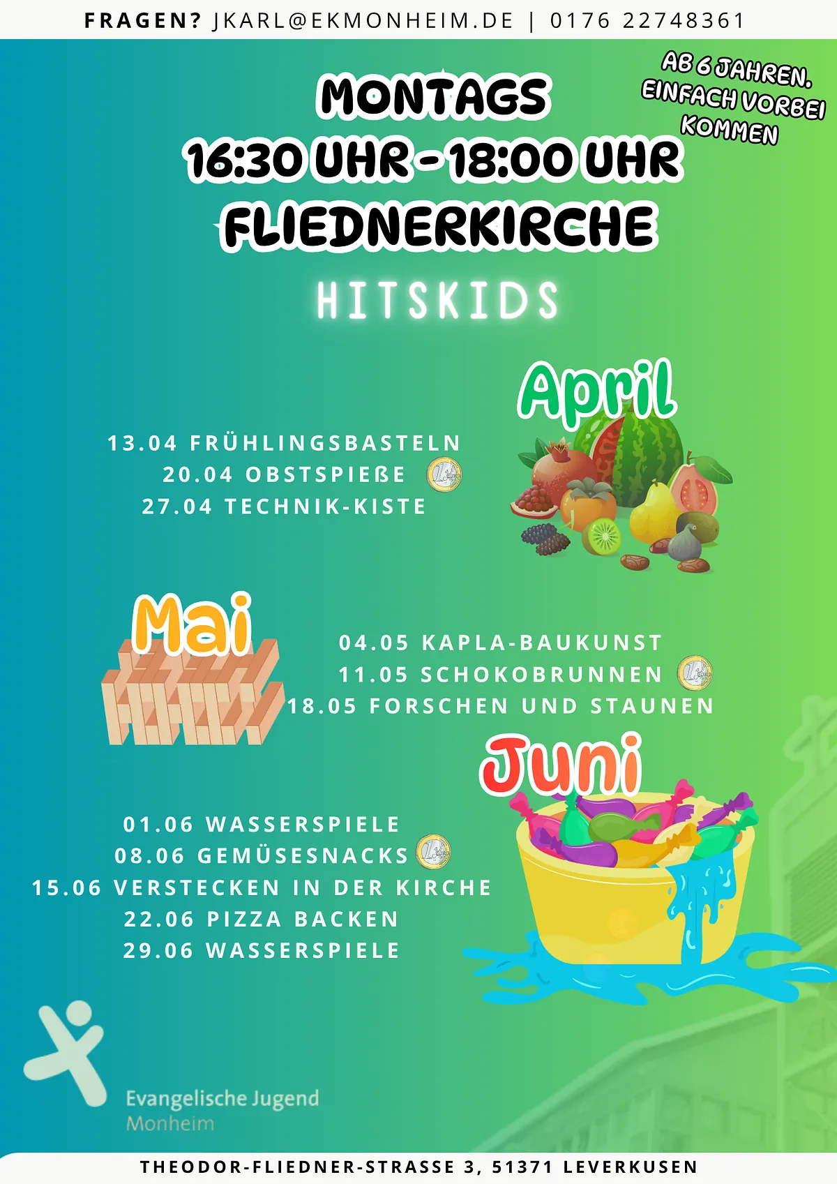 Programmflyer der Hit-Kids, weitere Informationen unter jkarl@ekmonheim.de