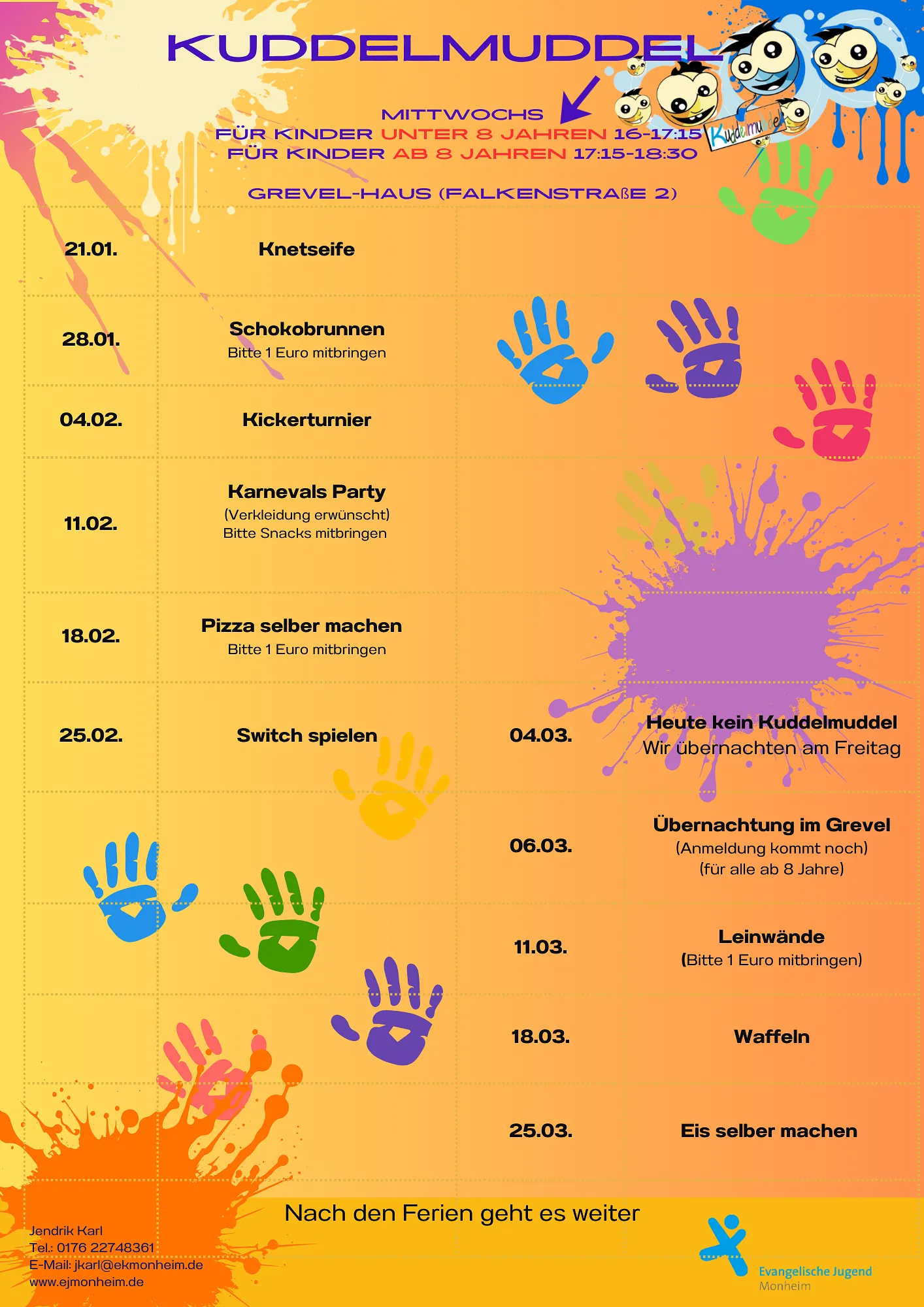 Programmflyer von Kuddelmuddel, weitere Informationen unter ahoenig@ekmonheim.de
