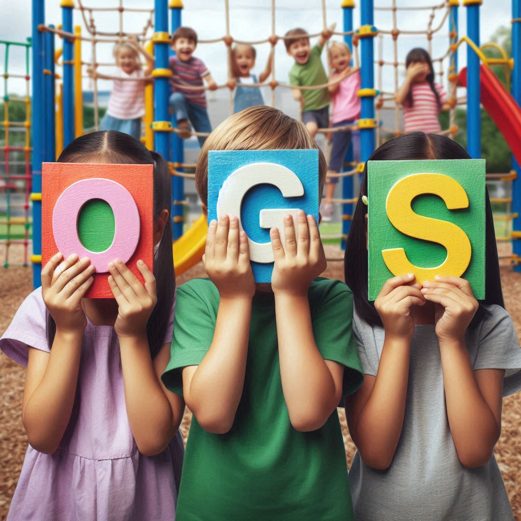 Kinder halten die Buchstaben O-G-S hoch