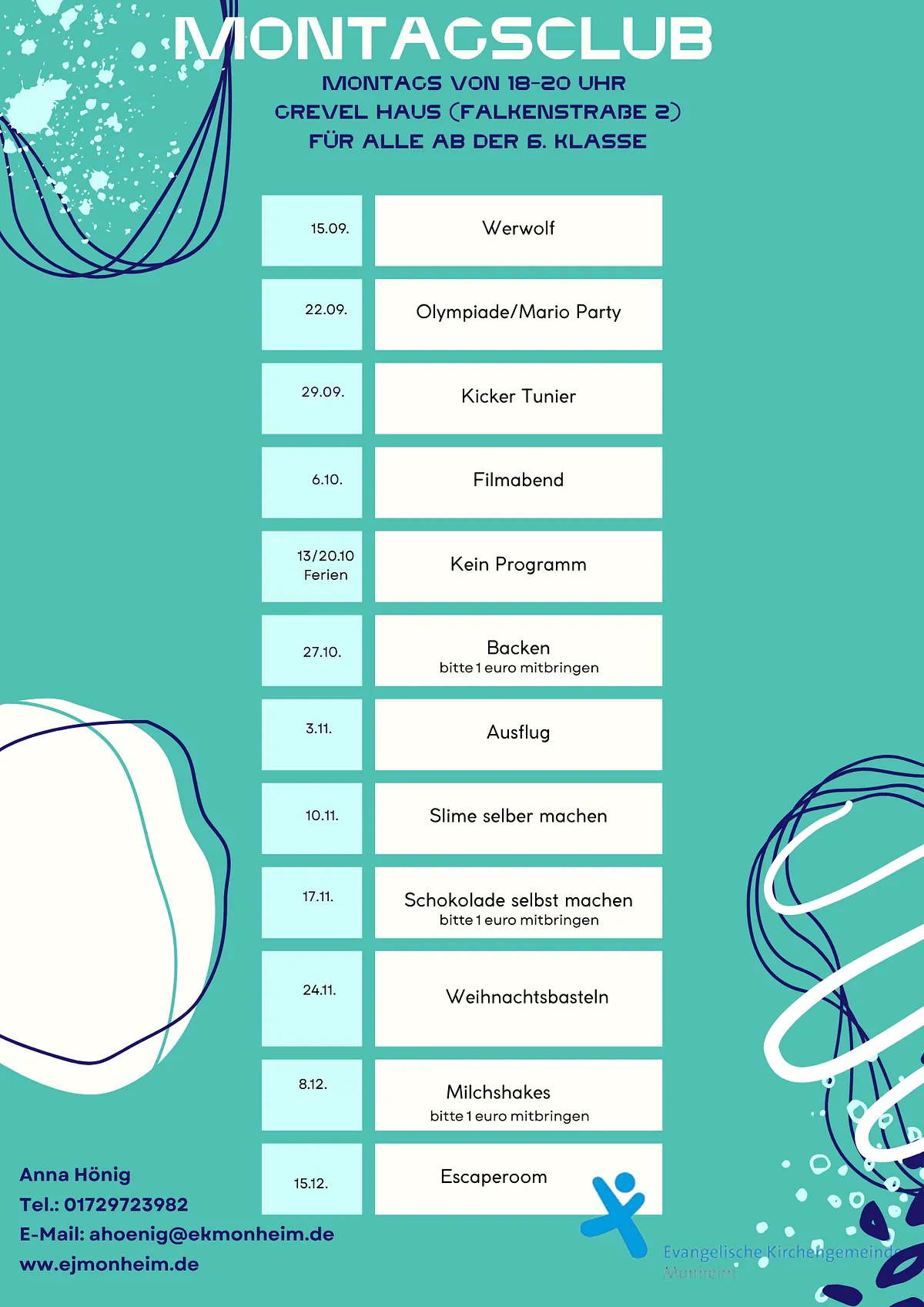 Programmflyer des Montagsclubs, weitere Informationen unter ahoenig@ekmonheim.de