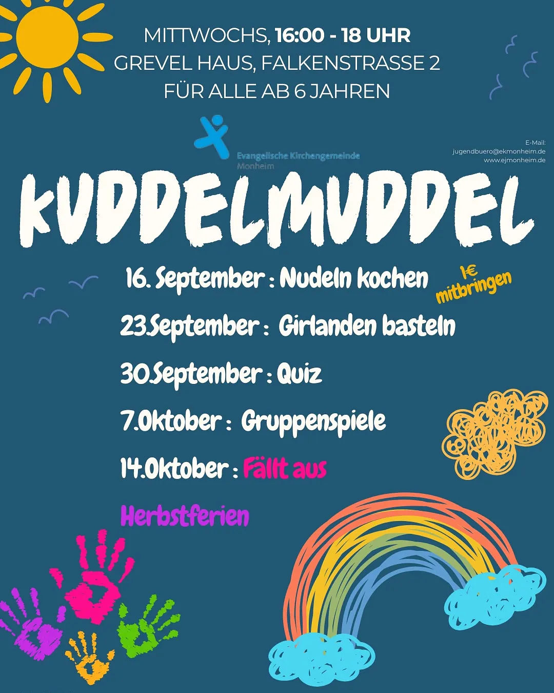 Programmflyer von Kuddelmuddel, weitere Informationen unter ahoenig@ekmonheim.de