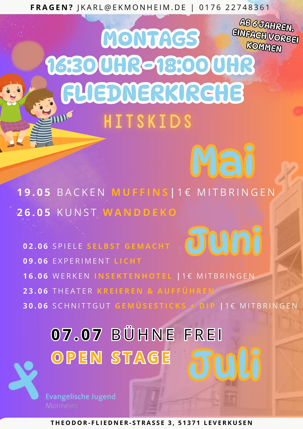Programmflyer der Hit-Kids, weitere Informationen unter jkarl@ekmonheim.de