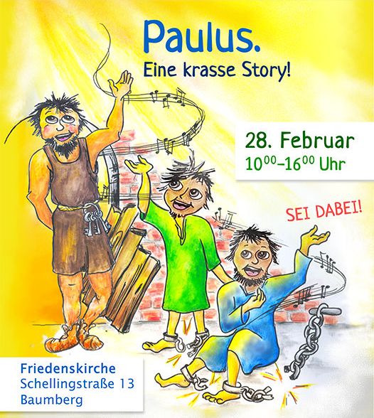 Plakat für den Kinderbibeltag 2026. Es zeigt Paulus, Silas und den Gefängniswärter aus der Apostelgeschichte, Kapitel 16
