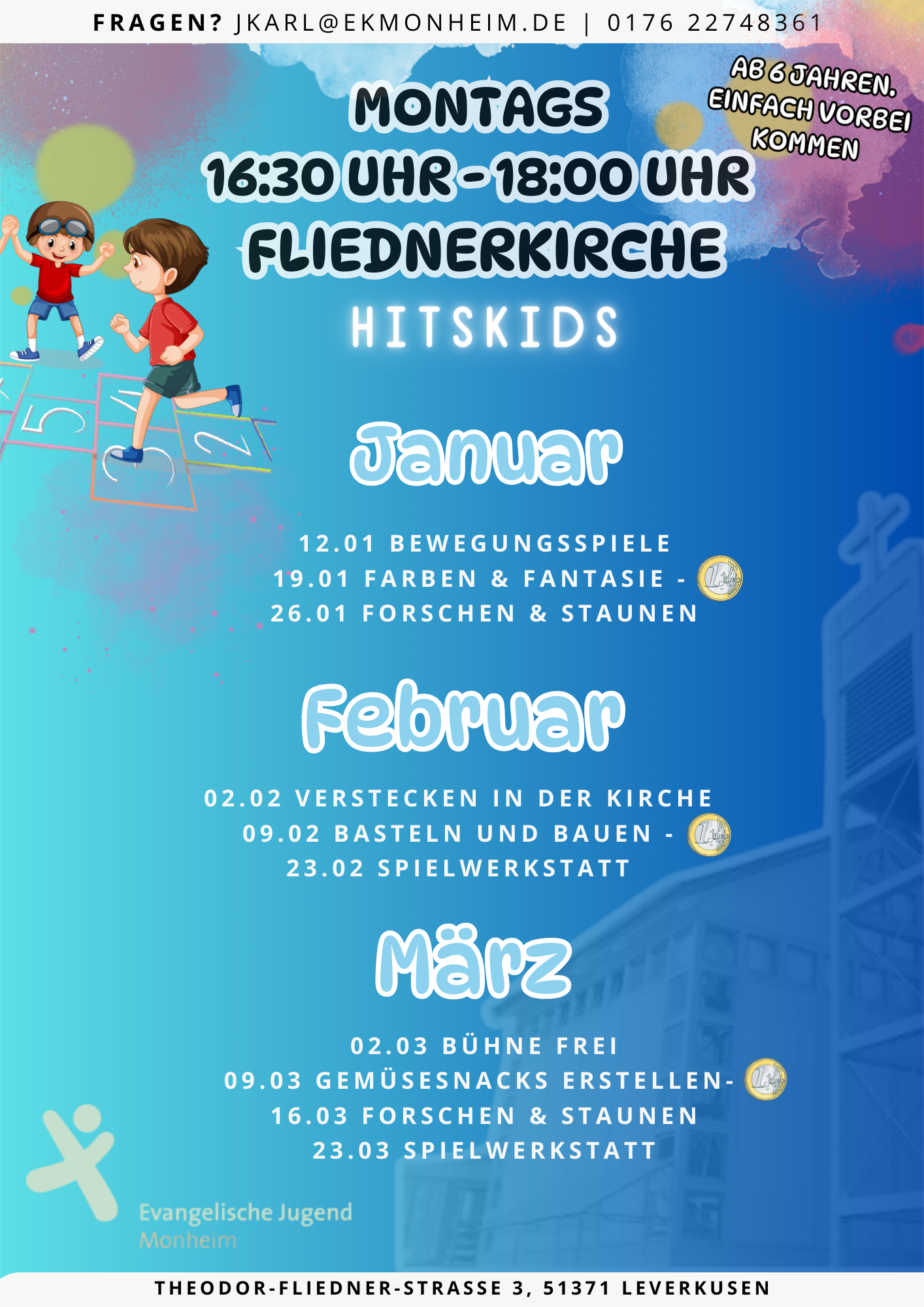 Programmflyer der Hit-Kids, weitere Informationen unter jkarl@ekmonheim.de